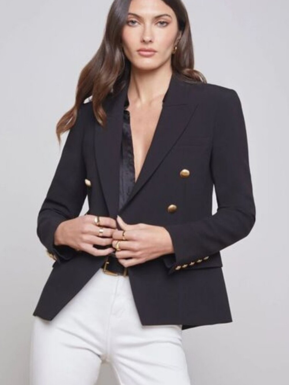 L'AGENCE Women's Double-Breasted Black Blazer Jacket Golden Buttons Size 8